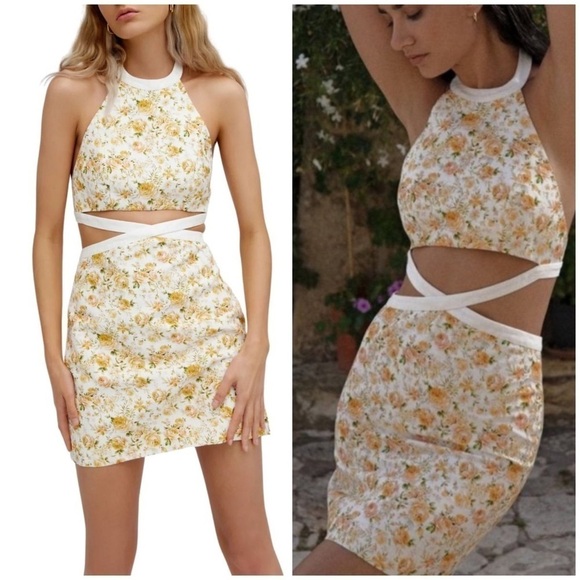 New Significant Other Ari Dress Rosalie Print Yellow Ditsy Floral Waist Cut Out - Picture 3 of 16